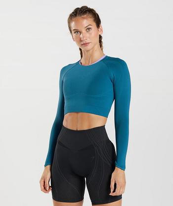 Przycięte Topy Damskie Gymshark Apex Seamless Niebieskie Ciemny Szare Niebieskie | PL 2568OKI